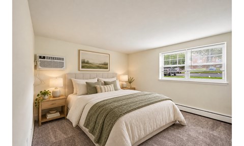 A bedroom with a large bed and a window overlooking a street.