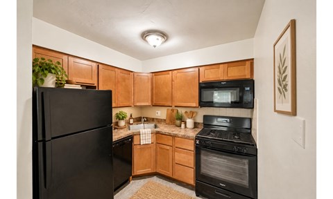 A black refrigerator stands in a kitchen with wooden cabinets and a black oven.