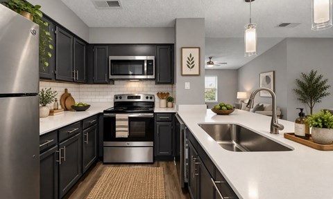 A modern kitchen with black cabinets and stainless steel appliances.