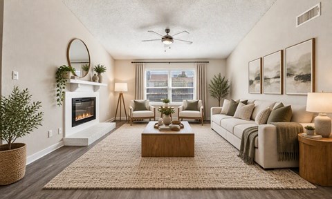 A living room with a fireplace, couch, and a rug.