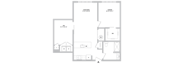 A floor plan of a house with a kitchen, living room, and two bedrooms.