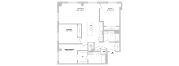 A floor plan of a house with three bedrooms and a living area.