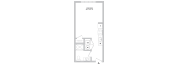 A floor plan of a room with a bed, desk, and chair.