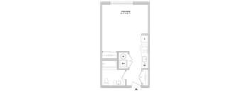 A floor plan of a room with a bed, desk, and toilet.