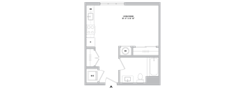 A diagram of a living area with furniture and appliances.