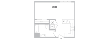 A floor plan of a living room with a sofa, a table, and a kitchenette.