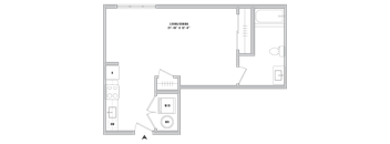 A floor plan of a living room with a kitchen area and a bathroom.