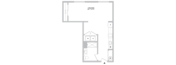 A floor plan of a living/kitchen area with a bed and a refrigerator.