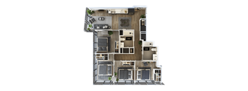 A top-down view of a two-story apartment with a living room, kitchen, and bedrooms.
