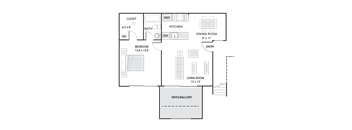 A floor plan of a house with a living room, dining room, kitchen, bathroom, bedroom, and closet.