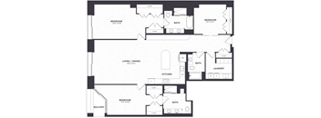 A black and white image of a floor plan for a home with a living room, dining room, kitchen, two bedrooms, a bathroom, a balcony, and a laundry room.