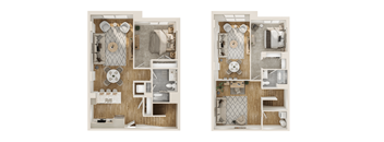 A cutaway diagram of a bathroom with two sides shown.