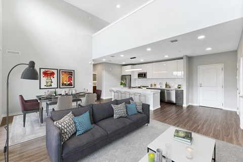 A modern living room with a grey couch and a coffee table.
