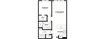 A floor plan of a small apartment with a bedroom, living/dining area, kitchen, bathroom, and laundry space.