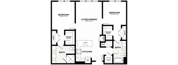 A black and white image of a floor plan for a home with two bedrooms, a living/dining area, a kitchen, a bathroom, and a walk-in closet.