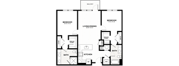 A black and white image of a floor plan for a house with a balcony, two bedrooms, a living/dining area, a kitchen, a bath, and two closets.