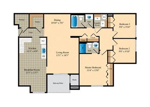 three level floor plan of a residence with bedrooms and baths