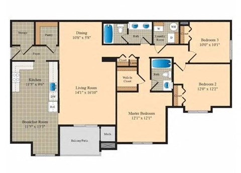 three level floor plan of a home with bedrooms and baths