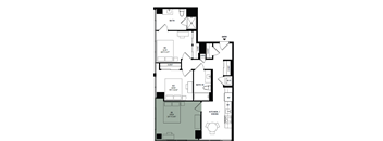 A floor plan of a house with a kitchen, dining area, and two bathrooms.