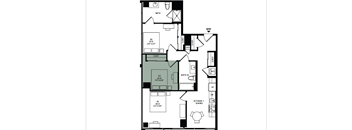 A floor plan of a house with a kitchen, dining area, and bathroom.