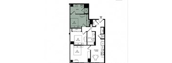 A floor plan of a house with a kitchen, dining area, and bathroom.
