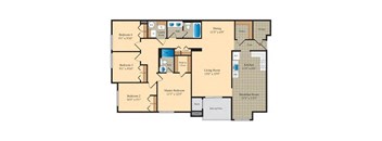 three level floor plan of a residence with two bedrooms and two baths