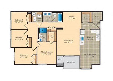 three level floor plan of a residence with two bedrooms and two baths