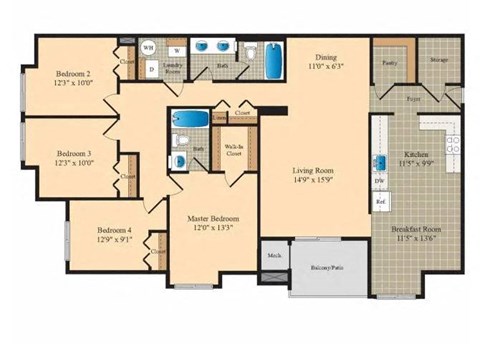 three bedroom floor plan of a 2100 square foot house