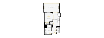 A floor plan of a home with a living room, kitchen, bedroom, bathroom, closet, and a workspace.