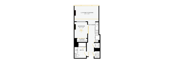 A floor plan of a small apartment with a living room, kitchen, bedroom, closet, bathroom, and a section for a patio.