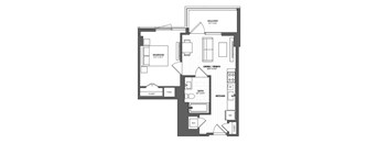 A black and white image of a house floor plan with a balcony, bedroom, living/dining area, bathroom, kitchen, and two closets.