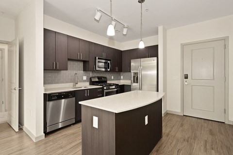 A modern kitchen with dark brown cabinets and stainless steel appliances.