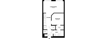 A floor plan of a small apartment with a kitchen, living room, bedroom, and bathroom.