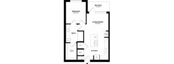 A floor plan of a house with a balcony, bathroom, kitchen, living/dining area, and two bedrooms.