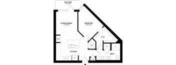 A floor plan of a house with a living/dining area, kitchen, bedroom, bathroom, and balcony.