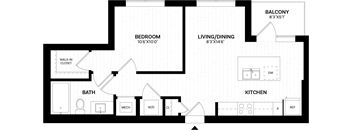 A black and white image of a house floor plan with a balcony, bathroom, bedroom, living/dining area, and kitchen.
