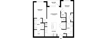 A black and white image of a house floor plan with a balcony, two bedrooms, a living/dining area, a kitchen, two bathrooms, and a built-in desk.