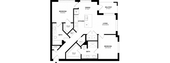A black and white image of a house floor plan with a balcony, two bedrooms, a living room, a dining room, a kitchen, a bathroom, and a built-in desk.