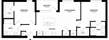 A black and white image of a house floor plan with a balcony, two bedrooms, a living/dining area, a kitchen, a bath, and a laundry room.