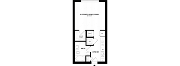 A floor plan of a home with a sleeping/living/dining area, kitchen, bath, and a walk-in closet.