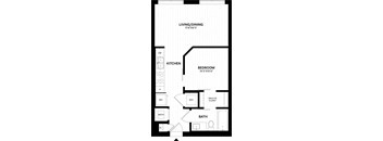 A floor plan of a small apartment with a kitchen, living room, bedroom, bathroom, and walk-in closet.