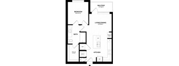 A black and white image of a floor plan for a home with a balcony, bathroom, bedroom, living/dining area, kitchen, and built-in desk.