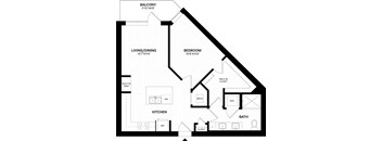 A black and white image of a house floor plan with a balcony, living/dining area, kitchen, bedroom, bathroom, and closet.