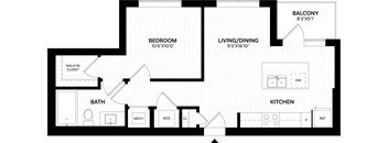 A black and white image of a house floor plan with a balcony, bedroom, living/dining area, kitchen, bathroom, and laundry room.
