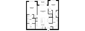 A black and white image of a floor plan for a home with a balcony, two bedrooms, a living/dining area, a kitchen, two bathrooms, and a built-in desk.