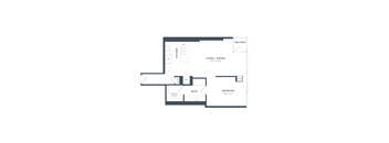 A floor plan of a small apartment with a living room, dining room, kitchen, bathroom, and bedroom.
