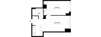 A black and white image of a floor plan for a bedroom, bathroom, living room, and kitchen.