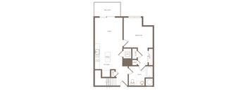 A floor plan of a small apartment with a living room, kitchen, bedroom, and bathroom.