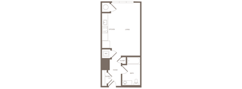 A floor plan of a small apartment with a kitchen, living room, bathroom, and bedroom.
