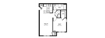 A black and white floor plan of a house with a kitchen, bath, living room, dining room, and two bedrooms.